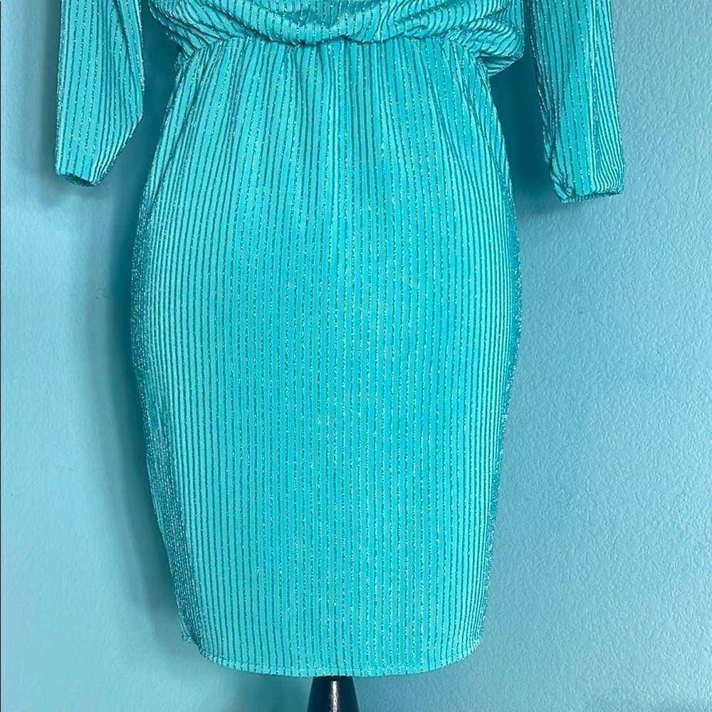 GUESS Metallic Tiffany Blue Ruched Wrap Mini Dress Prom Party Small $98 Retail - Picture 6 of 17